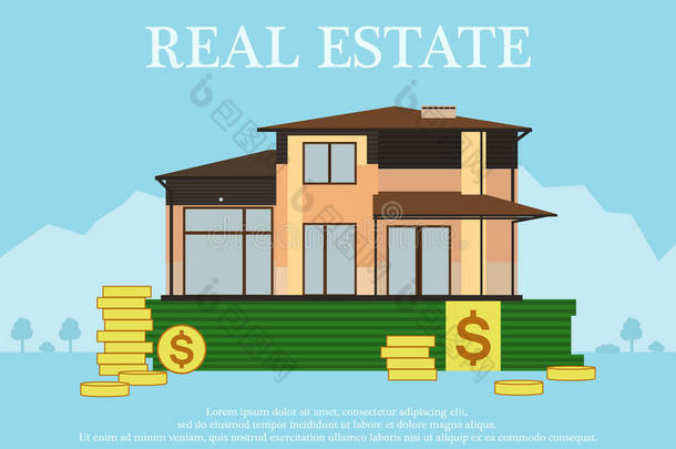 可爱的卡通房子出售或出租的平面建筑风格盯着钱。 签署房地产。背景在蓝色粉彩