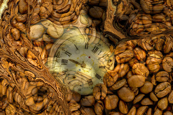 咖啡时间分形艺术。 时钟和咖啡豆的组成。 <strong>创意设计</strong>的分形艺术背景。