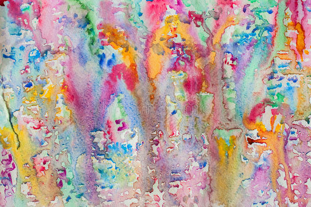 抽象水彩画所有颜色的彩虹背景画与喷雾，斑点，飞溅。 用手画在纸粒上