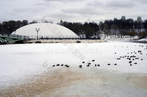 莫斯科tsaritsyno公园的建筑。<strong>跨越</strong>冰冻池塘的桥