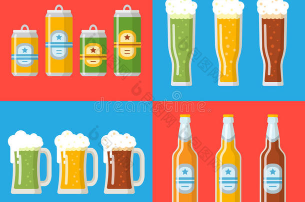 啤酒套装。 啤酒瓶，啤酒罐，杯子，玻璃。