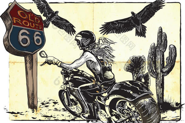 骑摩托车的女人。 手绘矢量。 徒手绘画。