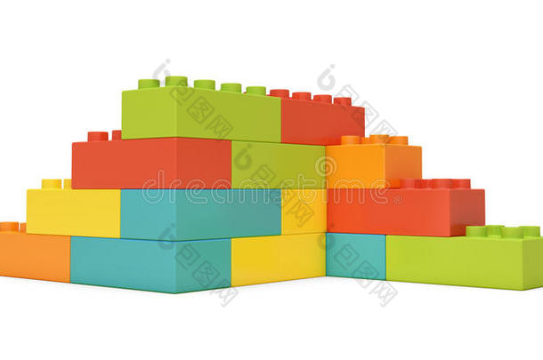 彩色玩具砖的三维渲染，在白色背景上组成双面楼梯。