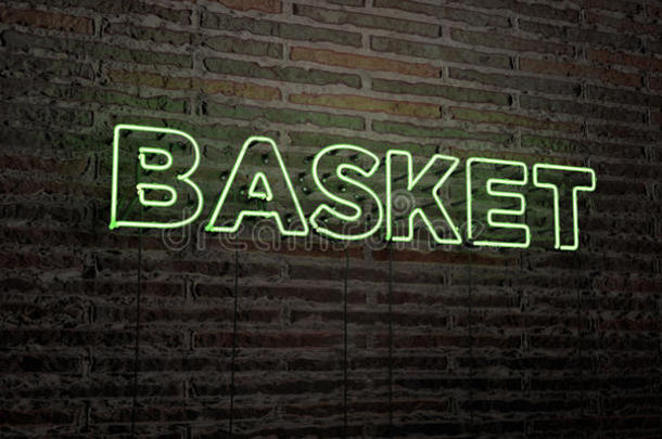 篮子-现实的霓虹灯标志在砖墙背景-3D渲染版税免费股票形象