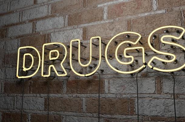 药物-发光霓虹灯标志在石墙-3D提供版税免费股票插图