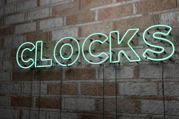 时钟-发光霓虹灯标志上的石墙-3D提供版税免费股票插图