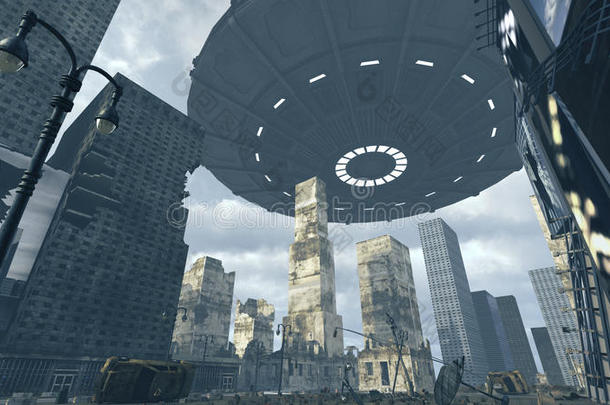外星人<strong>UFO</strong>上面的启示时代广场纽约曼哈顿。 三维渲染