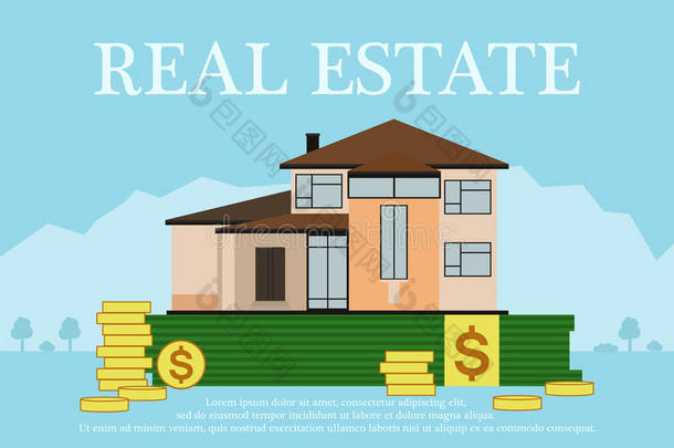 可爱的卡通房子出售或出租的平面建筑风格盯着钱。 签署房地产。背景在蓝色粉彩
