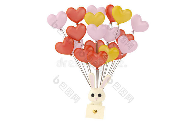 <strong>卡通兔</strong>子带着情书，挂在许多心脏气球上