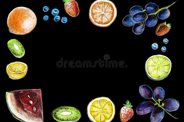 水果顶部视图框架。 健康食品海报。
