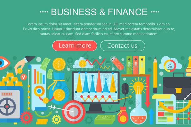 商业和金融平面图标概念。 商业信息图形模板设计，网页元素，海报横幅，矢量