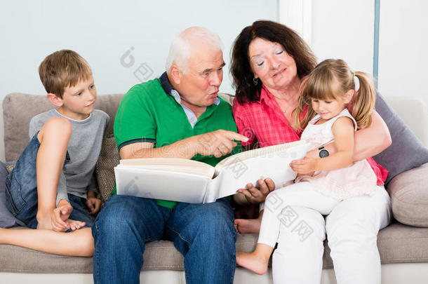 祖父母和孙子看相册