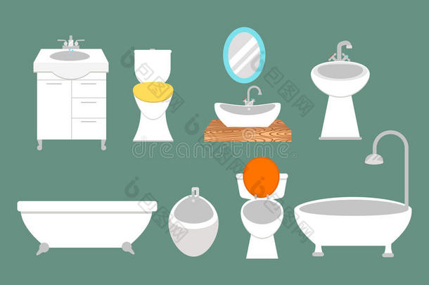 浴室图标彩色设置过程节水符号卫生收集和清洁家庭清洗清洁