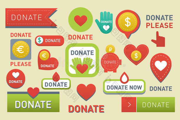 捐赠按钮矢量集插图帮助图标捐赠礼物慈善孤立支持设计标志贡献