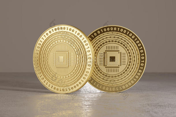 以比特币、网上银行或金融科技为例，在金属地板上有CPU标志的金币