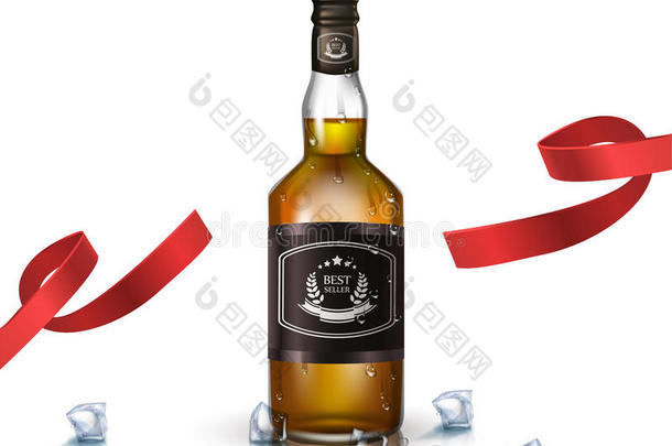 一瓶白兰地，波旁威士忌，加红丝带的干邑，隔离在白色上。 海报或小册子模板。