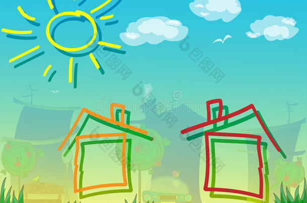 背景摘要。 房屋抽象房地产乡村标志设计模板。 房地产主题图标。 建筑轮廓。
