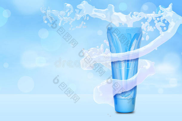 BB霜瓶模拟在水溅在蓝色博凯背景基础管在水三维插图
