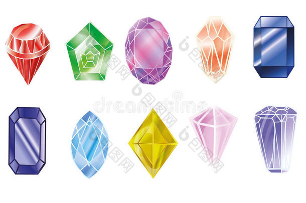 在白色背景上分离的宝石。 矢量珠宝或珍贵钻石宝石套装。 图标宝石，红宝石，蓝宝石，翡翠