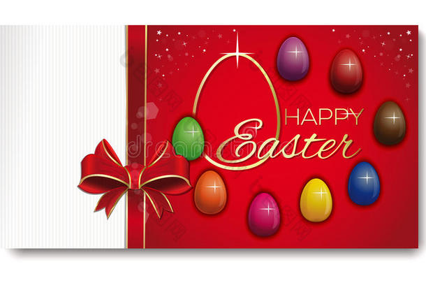 复活节贺卡。 八个彩色鸡蛋在喜庆的红色背景上。 复活节快乐