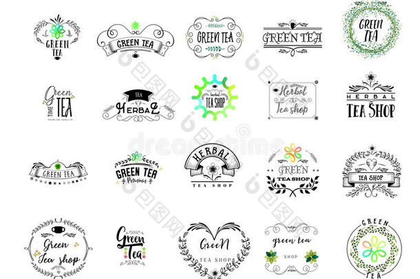 徽章作为设计的一部分-绿<strong>茶贴纸</strong>，邮票，标志-用于设计，手工制作。 用花卉元素
