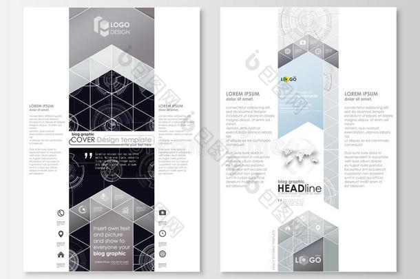 博客图形业务模板。 页面网站模板，平面布局。 高科技设计，连接系统。 科学和
