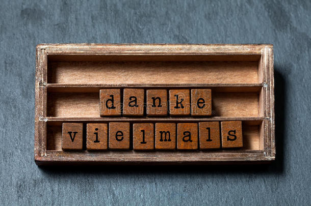 丹克·维尔马尔。 非常感谢或非常感谢德语翻译。 老式盒子，木制立方体短语写在一起
