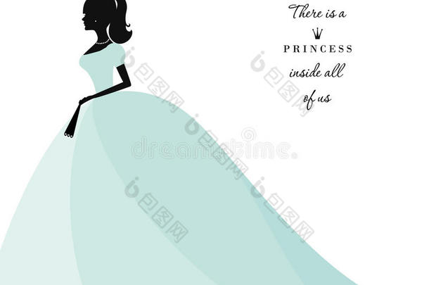 美丽的公主<strong>剪影</strong>穿粉彩蓝色连衣裙。 在白色上隔离。 可用于<strong>新娘</strong>淋浴邀请。