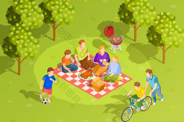 家庭夏季乡村野餐等距视图