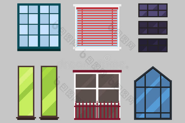不同类型的房子窗户元素隔离设置平面风格框架，家用门，双建筑和当代
