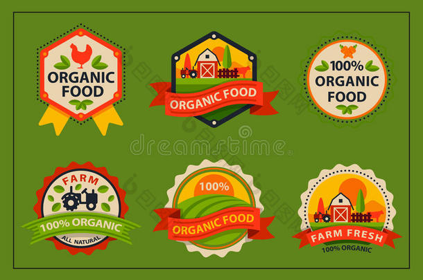平面风格的生物有机生态健康食品标签，标志模板和老式素农场元素橙色绿色