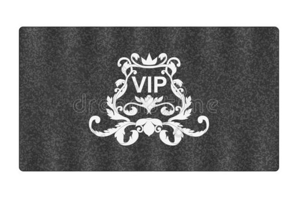 优雅的灰色名片与维多利亚装饰和铭文<strong>VIP</strong>。 用丝绸质地做的。