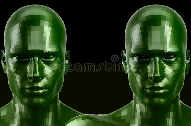 三维渲染。两个侧面的绿色安卓头在镜头前