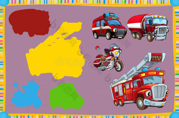 卡通猜谜游戏为小孩子与彩色消防员车辆连接成对