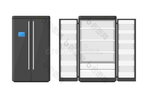 黑色现代家用电器冰箱，两扇门隔离在白色背景上。 电子设备冰箱