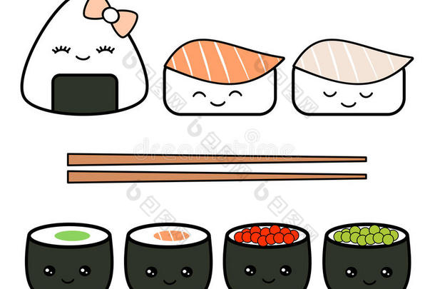 可爱的<strong>卡通</strong>日本食品集插图隔离在白色背景