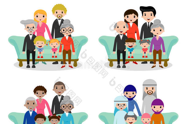 家庭群体肖像父母、祖父母和孩子