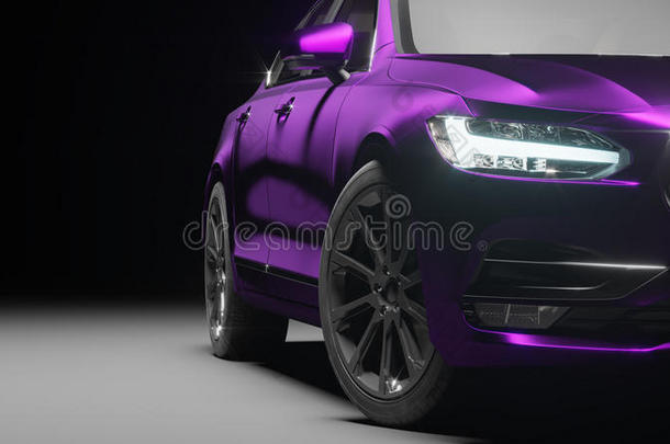 汽车用紫罗兰色哑光铬膜包裹。三维渲染