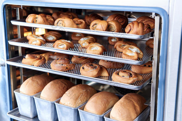 在康比蒸笼里烘焙甜点面包。 面包店的生产烤箱。 烤面包。 面包的制造。