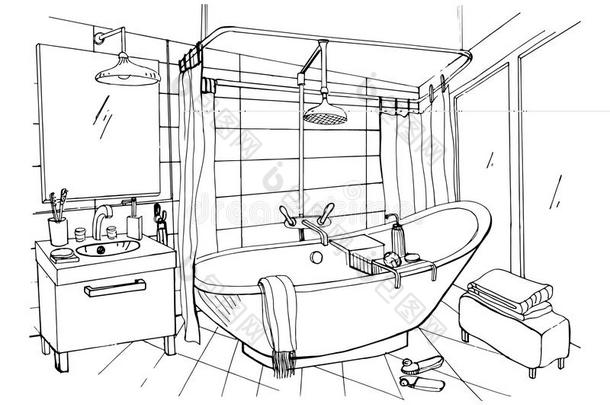手绘现代浴室室内设计。 矢量草图插图。