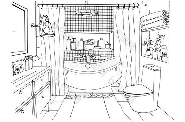 <strong>手绘</strong>现代浴室<strong>室内设计</strong>，矢量草图插图。