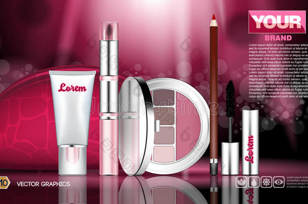 化妆品集广告模板，<strong>睫毛膏</strong>和眼影，口红收集封面模型。 粉红色背景香水