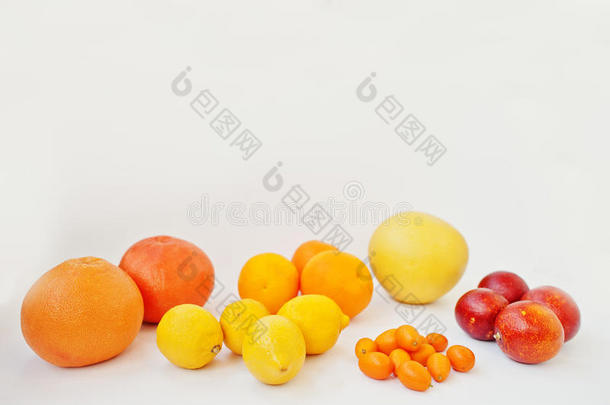 不同类型的柑橘。 异国水果金橘与<strong>橙色</strong>，柠檬，血液（西西里）<strong>橙色</strong>和葡萄柚分离在白色