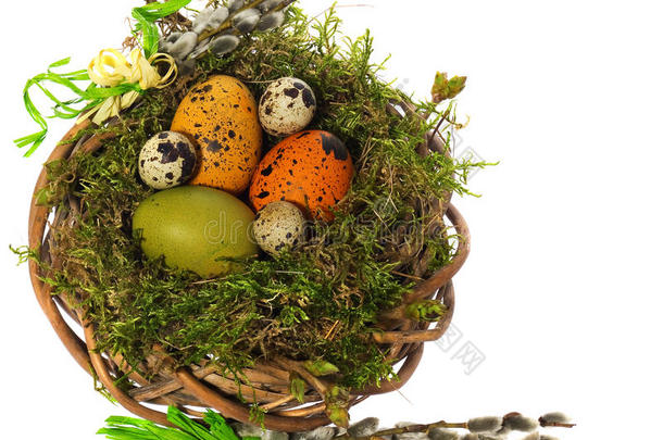 复活节彩蛋<strong>手工画</strong>在柳条花环上，鸟`苔藓的巢