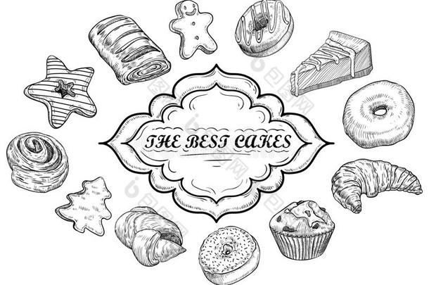 手绘插图-收集糖果，糖果，蛋糕和糕点。 糖果素描风格的设计元素