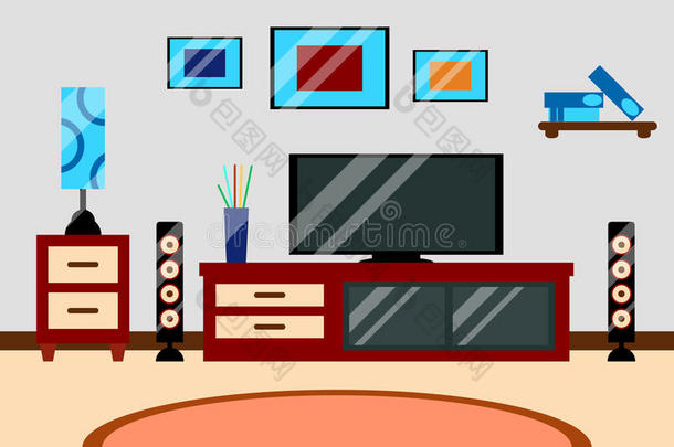 平面创意现代设计客厅工作区与电视和家具