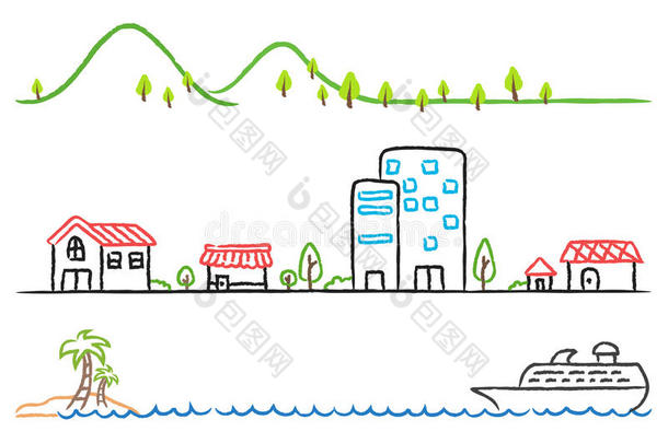 卡通手绘小镇，青山和大海中的船。