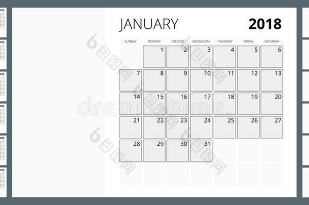 2018年日历。 打印模板。 星期从星期天开始。 肖像定向。 一套12个月。 计划2018年。