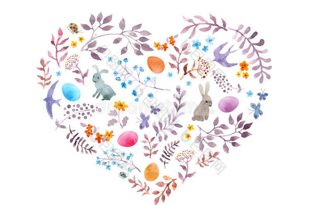 可爱的复活节<strong>心</strong>与<strong>兔</strong>子，鸡蛋，老式花，鸟。 水彩画