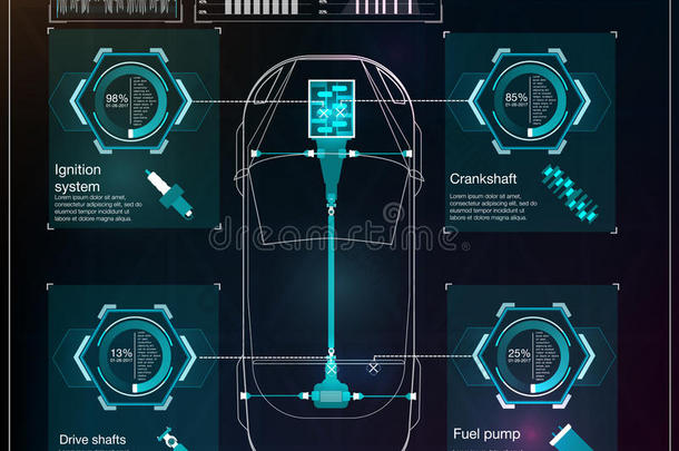 未来主义的用户界面。 哈德UI。 抽象虚拟图形触摸用户界面。 汽车信息图。 矢量科学摘要。